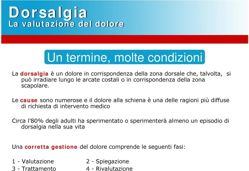 Le cause sono numerose e il dolore alla schiena è una delle ragioni più diffuse di richiesta di intervento medico Circa l 80% degli