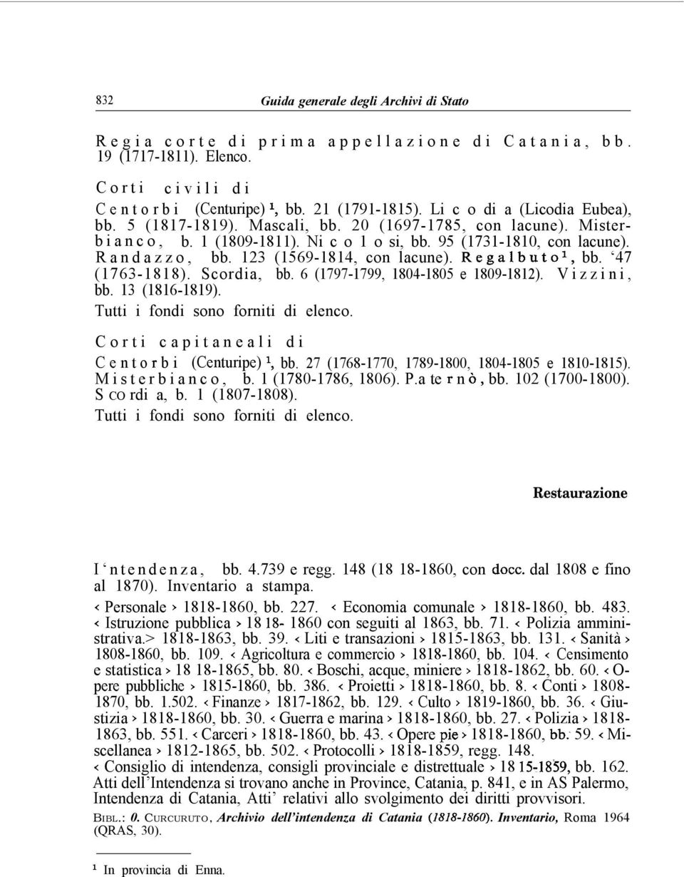 123 (1569-1814, con lacune). Regalbutol, bb. 47 (1763-1818). Scordia, bb. 6 (1797-1799, 1804-1805 e 1809-1812). V i z z i n i, bb. 13 (1816-1819). Tutti i fondi sono forniti di elenco.