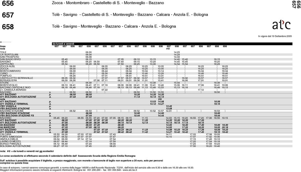 40 06.15 07.35 09.10 13.15 14.40 15.40 18.15 SAVIGNO 05.45 06.20 06.50 07.40 09.15 13.20 14.45 15.45 18.20 ZAPPOLINO 05.54 06.29 06.59 07.50 09.25 13.30 14.54 15.54 18.29 ZOCCA AUSL 06.00 06.35 08.