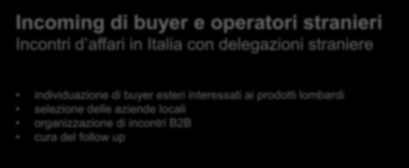 Iniziative promozionali Incoming di buyer e operatori stranieri Incontri d affari in Italia con delegazioni straniere individuazione di
