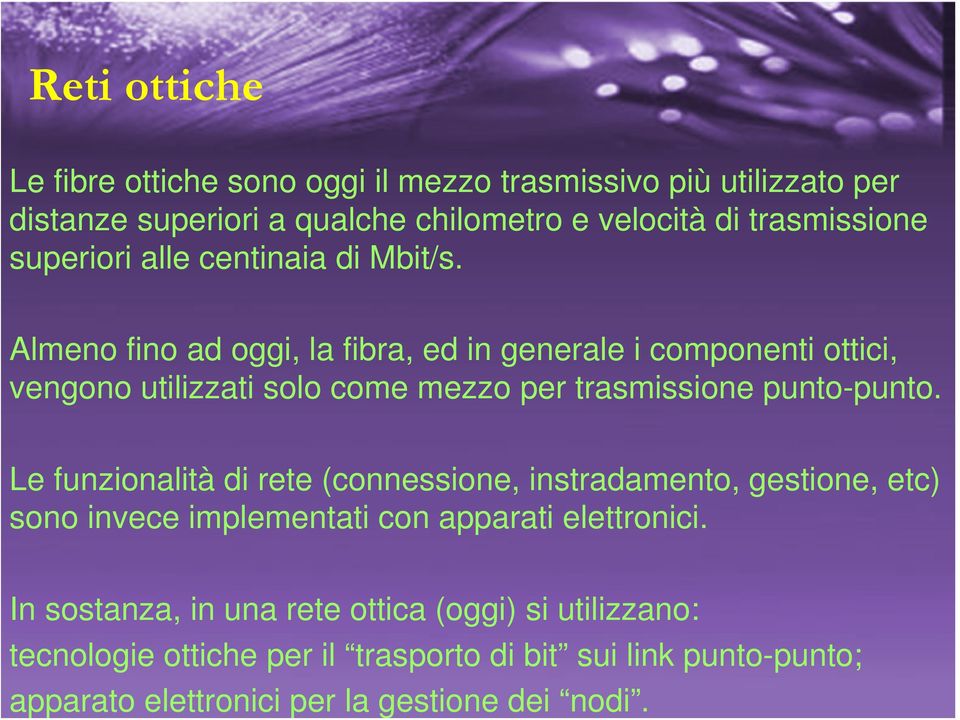 Almeno fino ad oggi, la fibra, ed in generale i componenti ottici, vengono utilizzati solo come mezzo per trasmissione punto-punto.