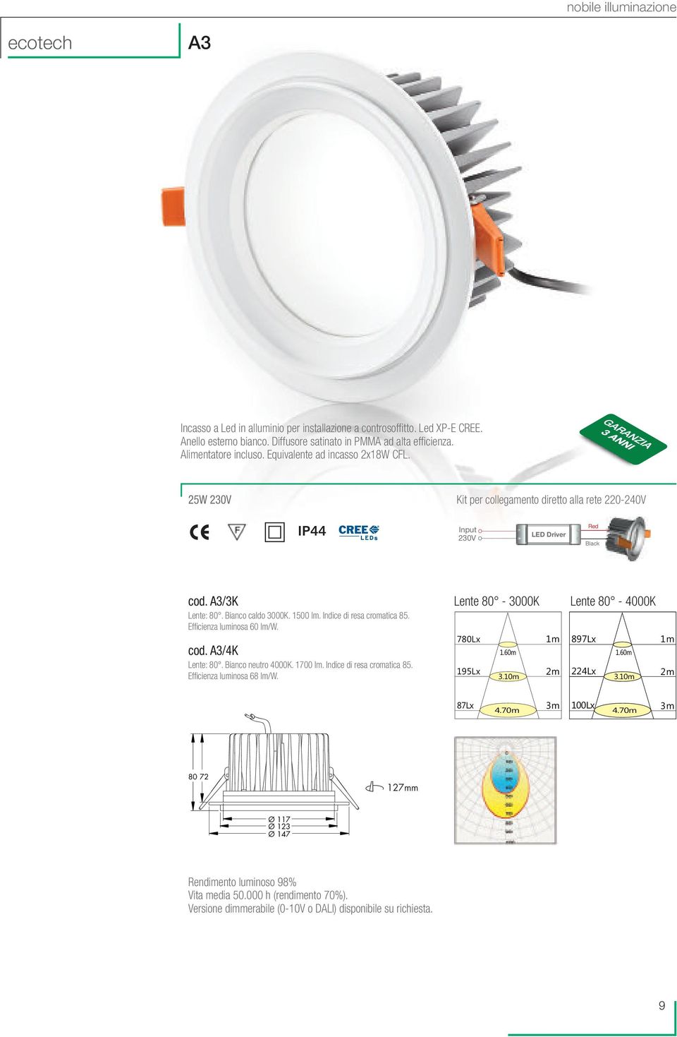 Bianco caldo 3000K. 1500 lm. Indice di resa cromatica 85. Efficienza luminosa 60 lm/w. cod. A3/4K Lente: 80. Bianco neutro 4000K. 1700 lm. Indice di resa cromatica 85. Efficienza luminosa 68 lm/w.