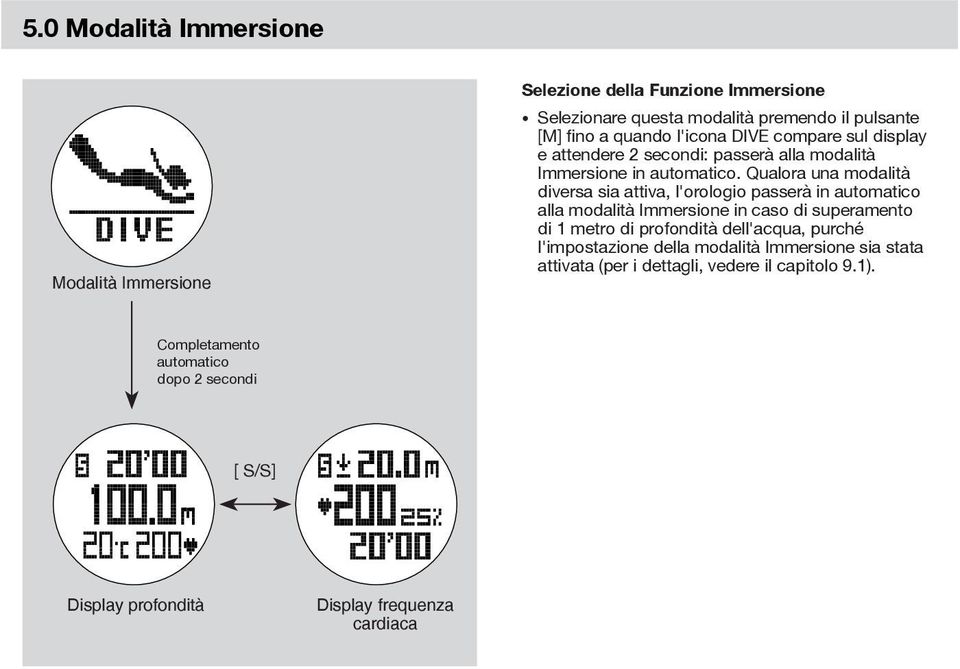 Qualora una modalità diversa sia attiva, l'orologio passerà in automatico alla modalità Immersione in caso di superamento di 1 metro di profondità