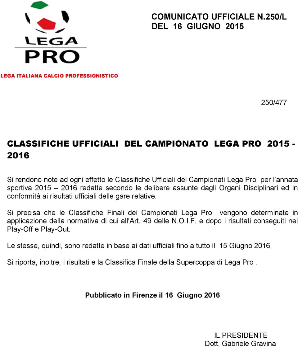 Lega Pro per l annata sportiva 2015 2016 redatte secondo le delibere assunte dagli Organi Disciplinari ed in conformità ai risultati ufficiali delle gare relative.