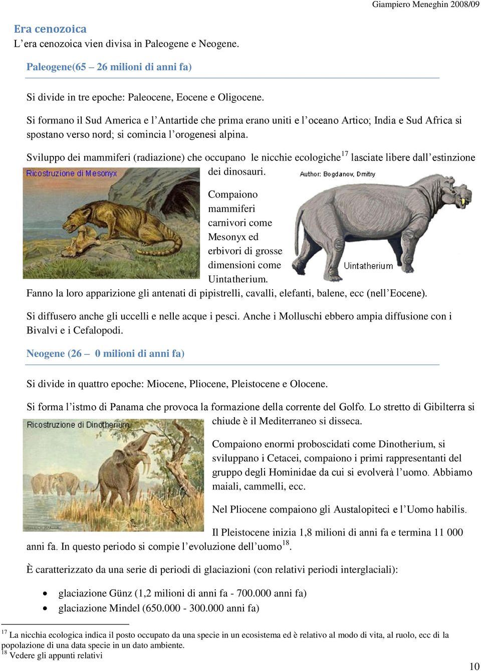 Sviluppo dei mammiferi (radiazione) che occupano le nicchie ecologiche 17 lasciate libere dall estinzione dei dinosauri.