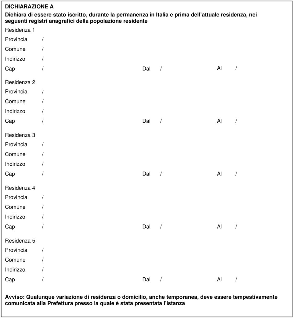 Provincia Comune Cap Dal Al Residenza 4 Provincia Comune Cap Dal Al Residenza 5 Provincia Comune Cap Dal Al Avviso: Qualunque variazione