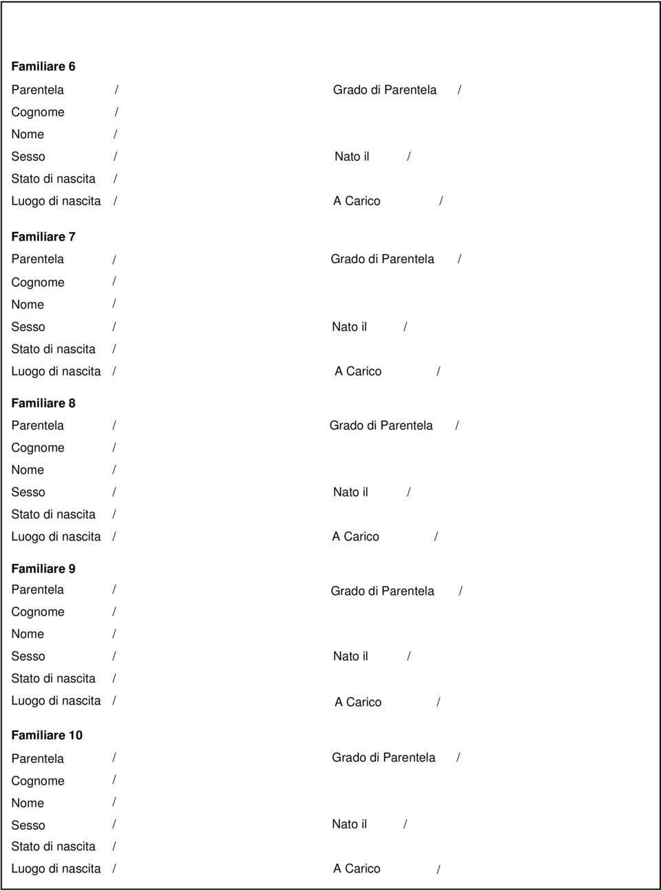 Grado di Parentela Familiare 10 Nato il Parentela Grado di Parentela