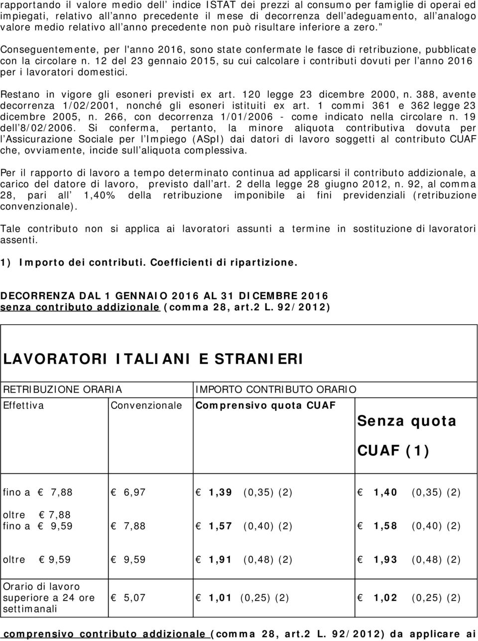 12 del 23 gennaio 2015, su cui calcolare i contributi dovuti per l anno 2016 per i lavoratori domestici. Restano in vigore gli esoneri previsti ex art. 120 legge 23 dicembre 2000, n.