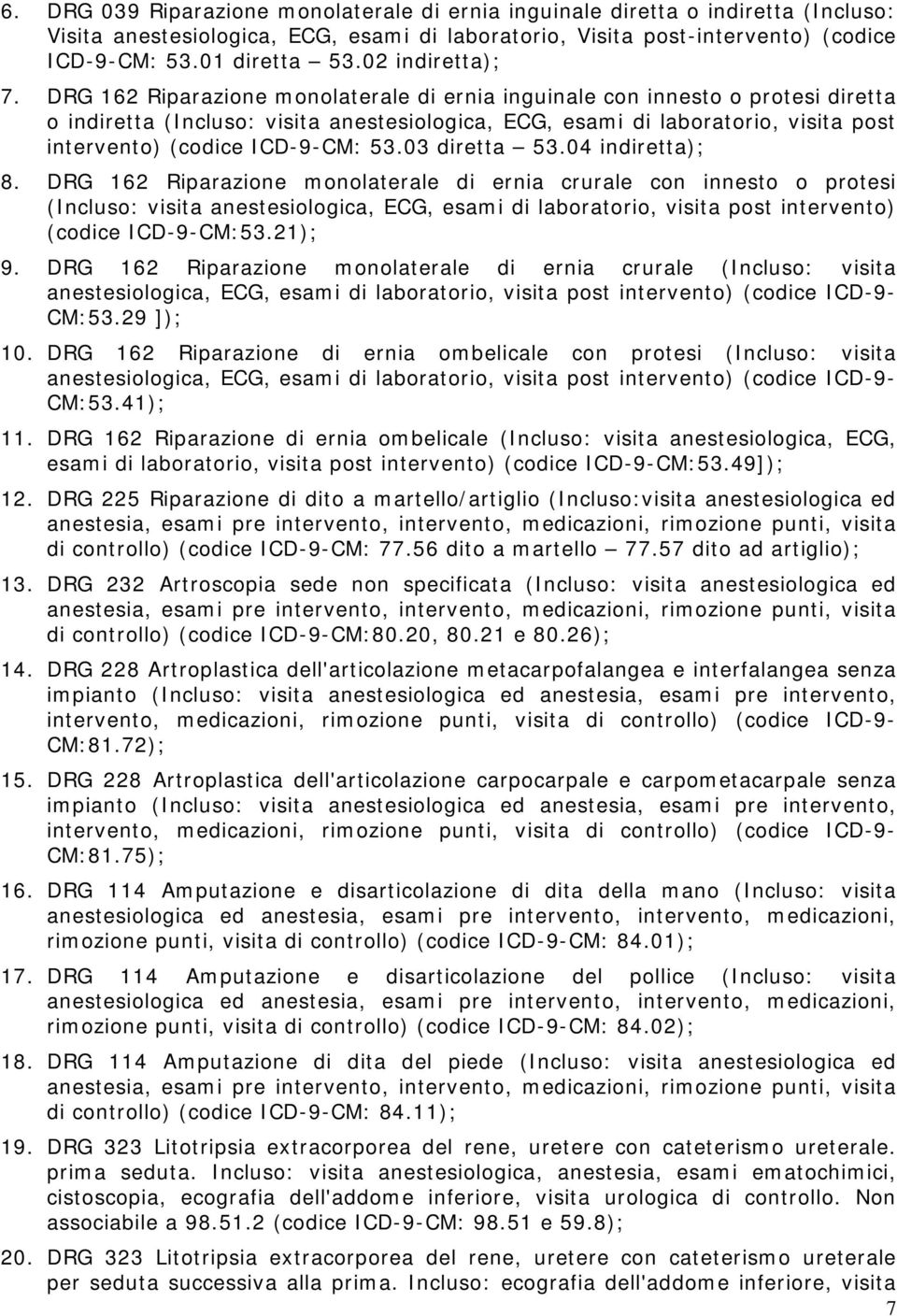 DRG 162 Riparazione monolaterale di ernia inguinale con innesto o protesi diretta o indiretta (Incluso: visita anestesiologica, ECG, esami di laboratorio, visita post intervento) (codice ICD-9-CM: 53.