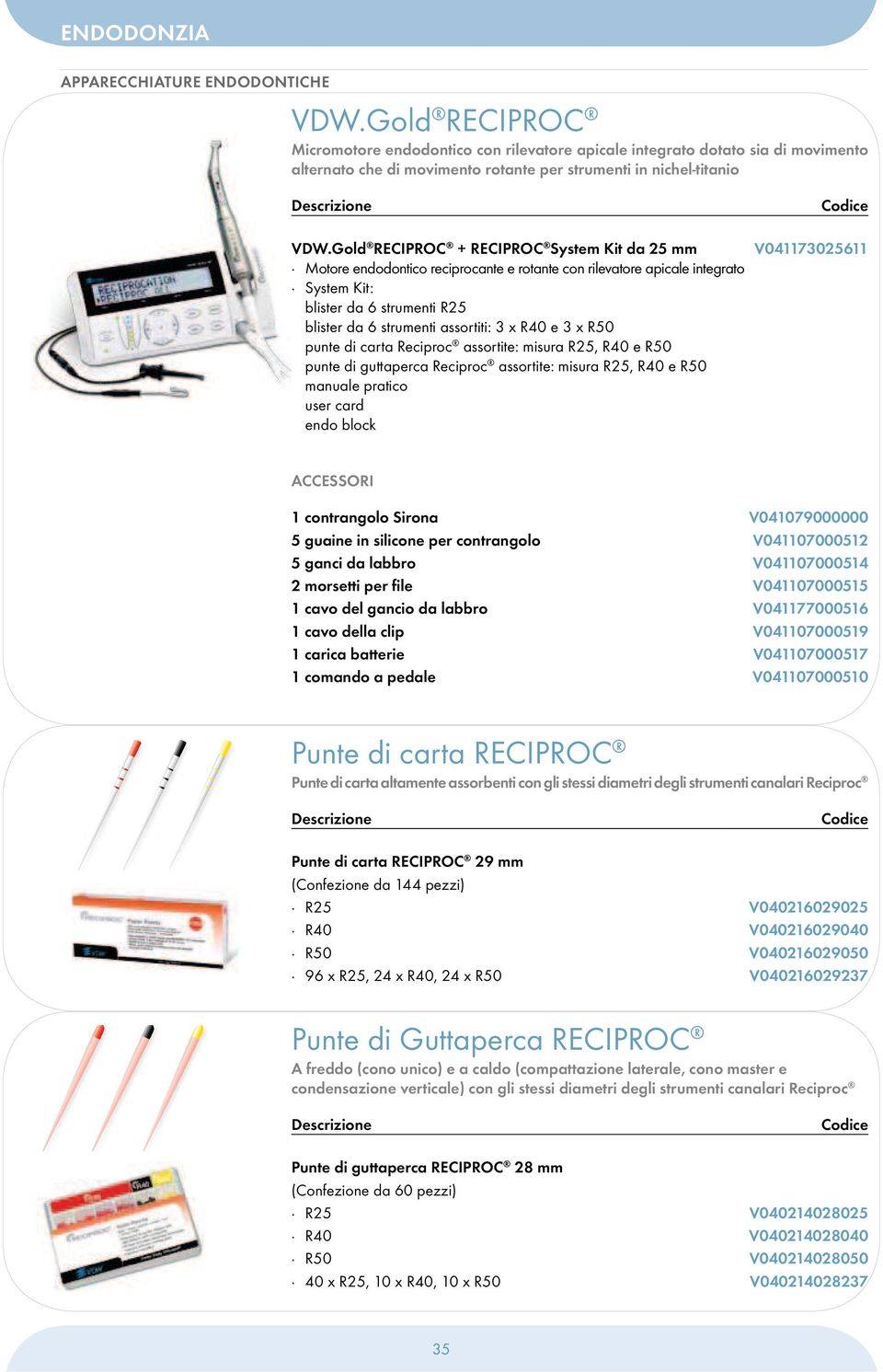 R40 e 3 x R50 punte di carta Reciproc assortite: misura R25, R40 e R50 punte di guttaperca Reciproc assortite: misura R25, R40 e R50 manuale pratico user card endo block V041173025611 ACCESSORI 1