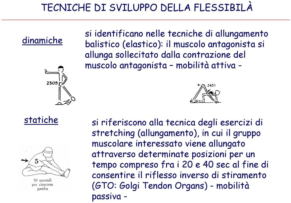 degli esercizi di stretching (allungamento), in cui il gruppo muscolare interessato viene allungato attraverso determinate posizioni