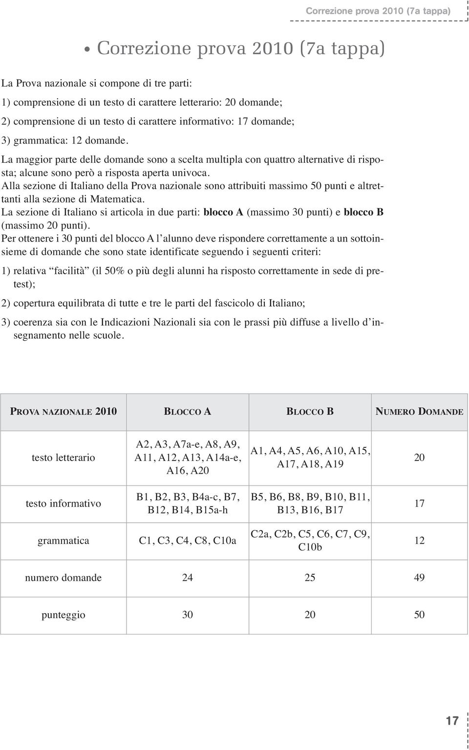 La maggior parte delle domande sono a scelta multipla con quattro alternative di risposta; alcune sono però a risposta aperta univoca.