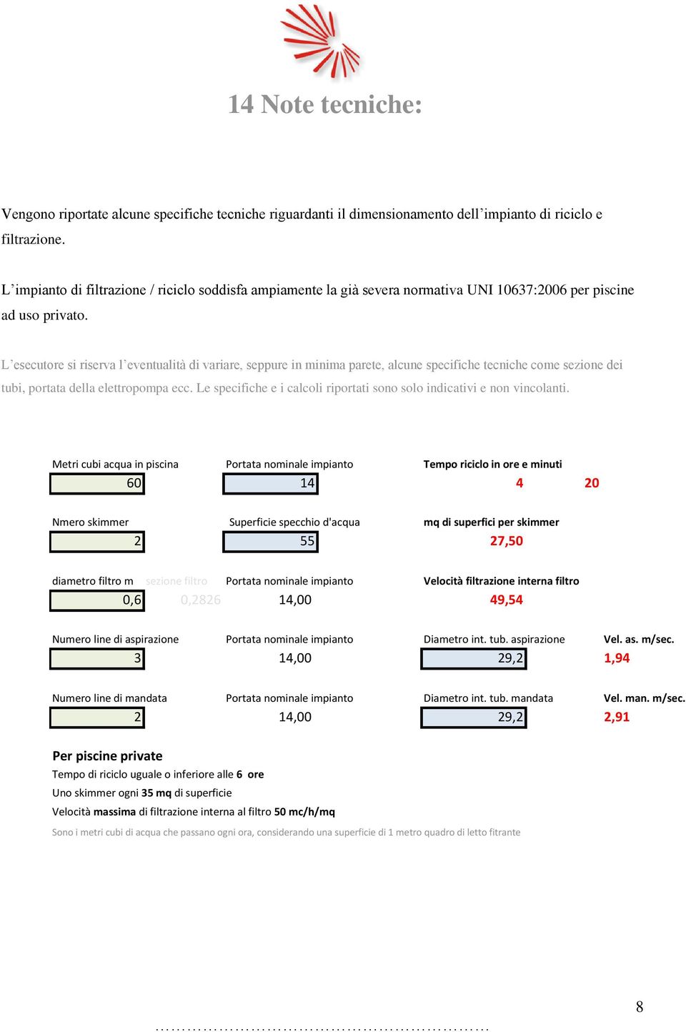 L esecutore si riserva l eventualità di variare, seppure in minima parete, alcune specifiche tecniche come sezione dei tubi, portata della elettropompa ecc.