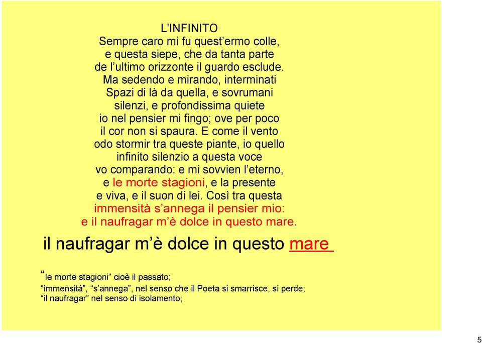 E come il vento odo stormir tra queste piante, io quello infinito silenzio a questa voce vo comparando: e mi sovvien l eterno, e le morte stagioni, e la presente e viva, e il suon di