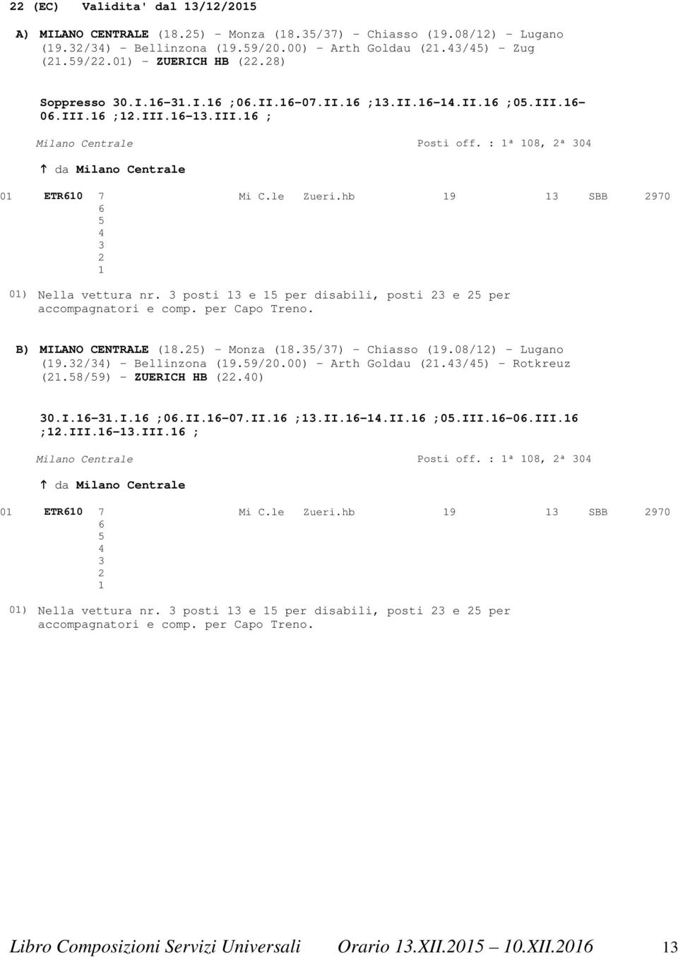 : 1ª 108, 2ª 304 da Milano Centrale 01 ETR610 7 Mi C.le Zueri.hb 19 13 SBB 2970 6 5 4 3 2 1 01) Nella vettura nr. 3 posti 13 e 15 per disabili, posti 23 e 25 per accompagnatori e comp. per Capo Treno.