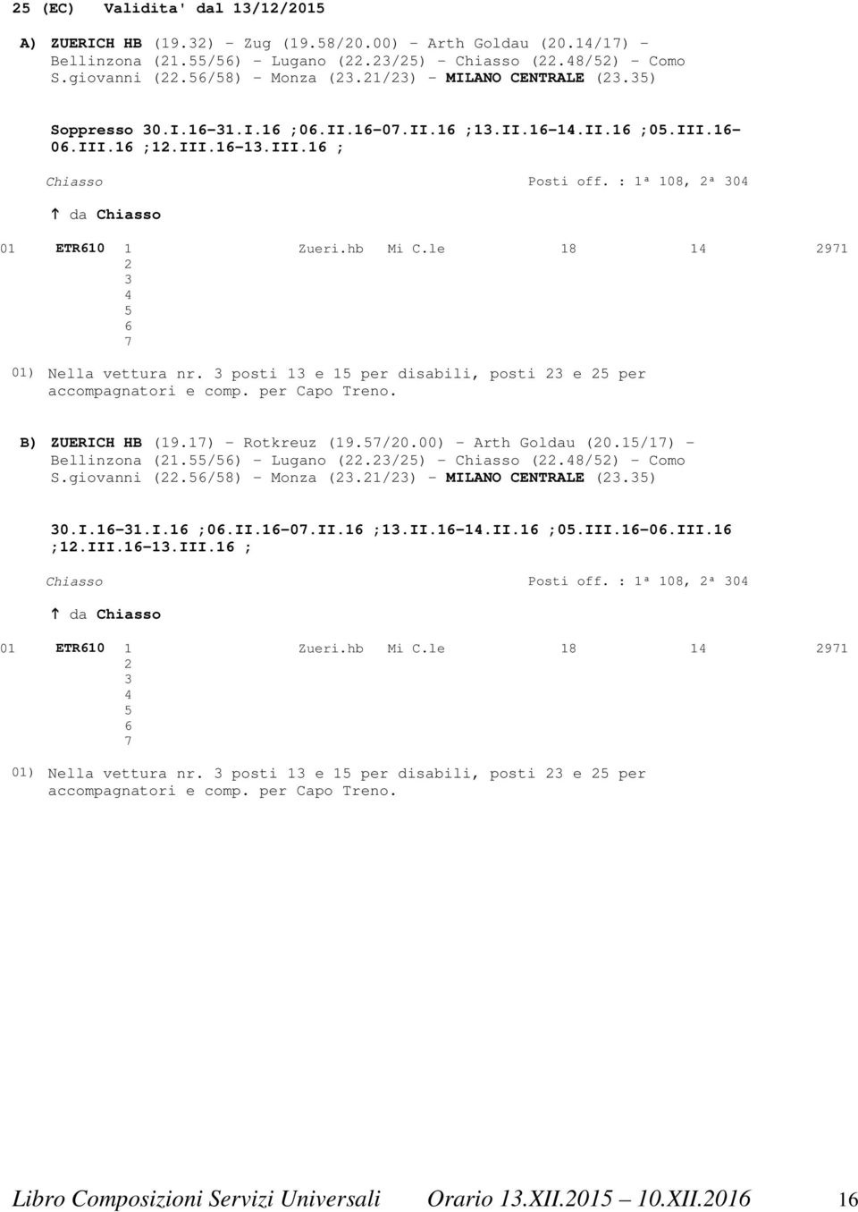 : 1ª 108, 2ª 304 da Chiasso 01 ETR610 1 Zueri.hb Mi C.le 18 14 2971 2 3 4 5 6 7 01) Nella vettura nr. 3 posti 13 e 15 per disabili, posti 23 e 25 per accompagnatori e comp. per Capo Treno.