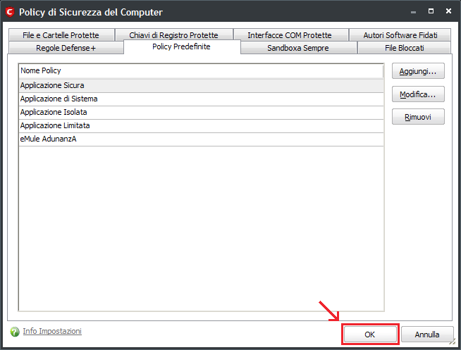 Selezionare Impostazioni di Protezione, configurare così come nell