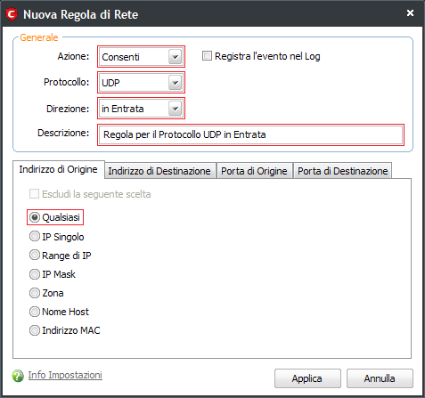 Cliccare su Aggiungi per creare la regola n 2 Regola 2 Azione = Consenti Protocollo = UDP Direzione