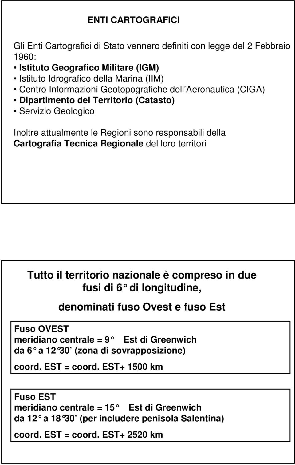 Regionale del loro territori Tutto il territorio nazionale è compreso in due fusi di 6 di longitudine, denominati fuso Ovest e fuso Est Fuso OVEST meridiano centrale = 9 Est di Greenwich