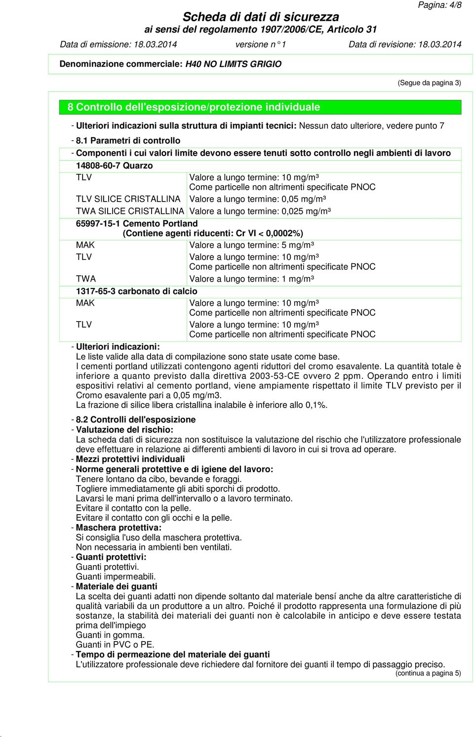 1 Parametri di controllo - Componenti i cui valori limite devono essere tenuti sotto controllo negli ambienti di lavoro 14808-60-7 Quarzo TLV Valore a lungo termine: 10 mg/m³ Come particelle non