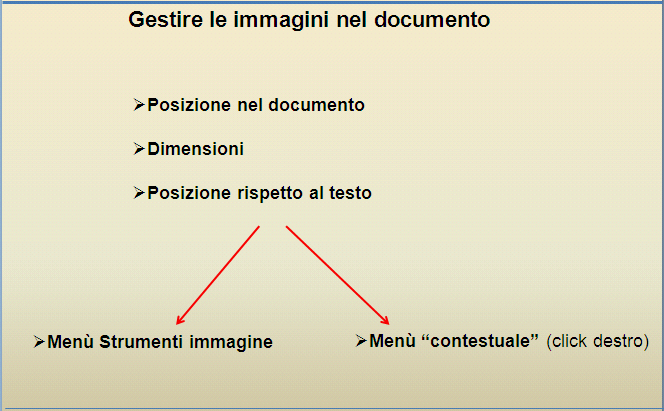 Come si inserisce un Immagine Per inserire un immagine in un documento, occorre aprire il Menù Inserisci, e cliccare su Immagine; si apre una finestra che consente di cercare l immagine all interno