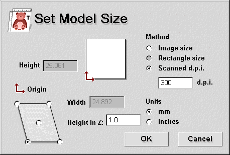 Le finestre 2D e 3D e la finestra di dialogo set model size appariranno Si deve tener presente che questa non e la finestra di dialogo standard, ha un campo