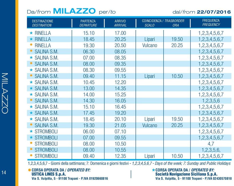 15 12.20 14.35 15.25 16.05 16.45 19.20 20.10 21.05 07.10 09.55 10.55 12.35 Lipari Vulcano Lipari Lipari Vulcano Lipari 19.50 20.