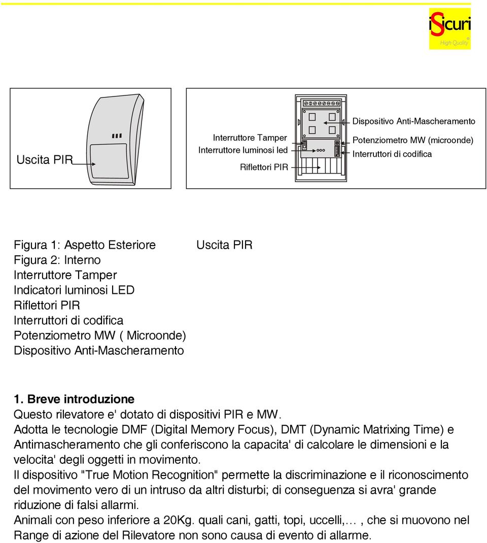 Breve introduzione Questo rilevatore e' dotato di dispositivi PIR e MW.