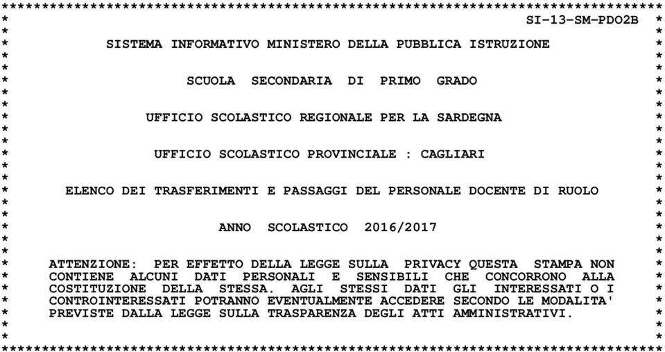 RUOLO * * * * * * ANNO SCOLASTICO 2016/2017 * * * * * * ATTENZIONE: PER EFFETTO DELLA LEGGE SULLA PRIVACY QUESTA STAMPA NON * * CONTIENE ALCUNI DATI PERSONALI E SENSIBILI CHE CONCORRONO ALLA * *