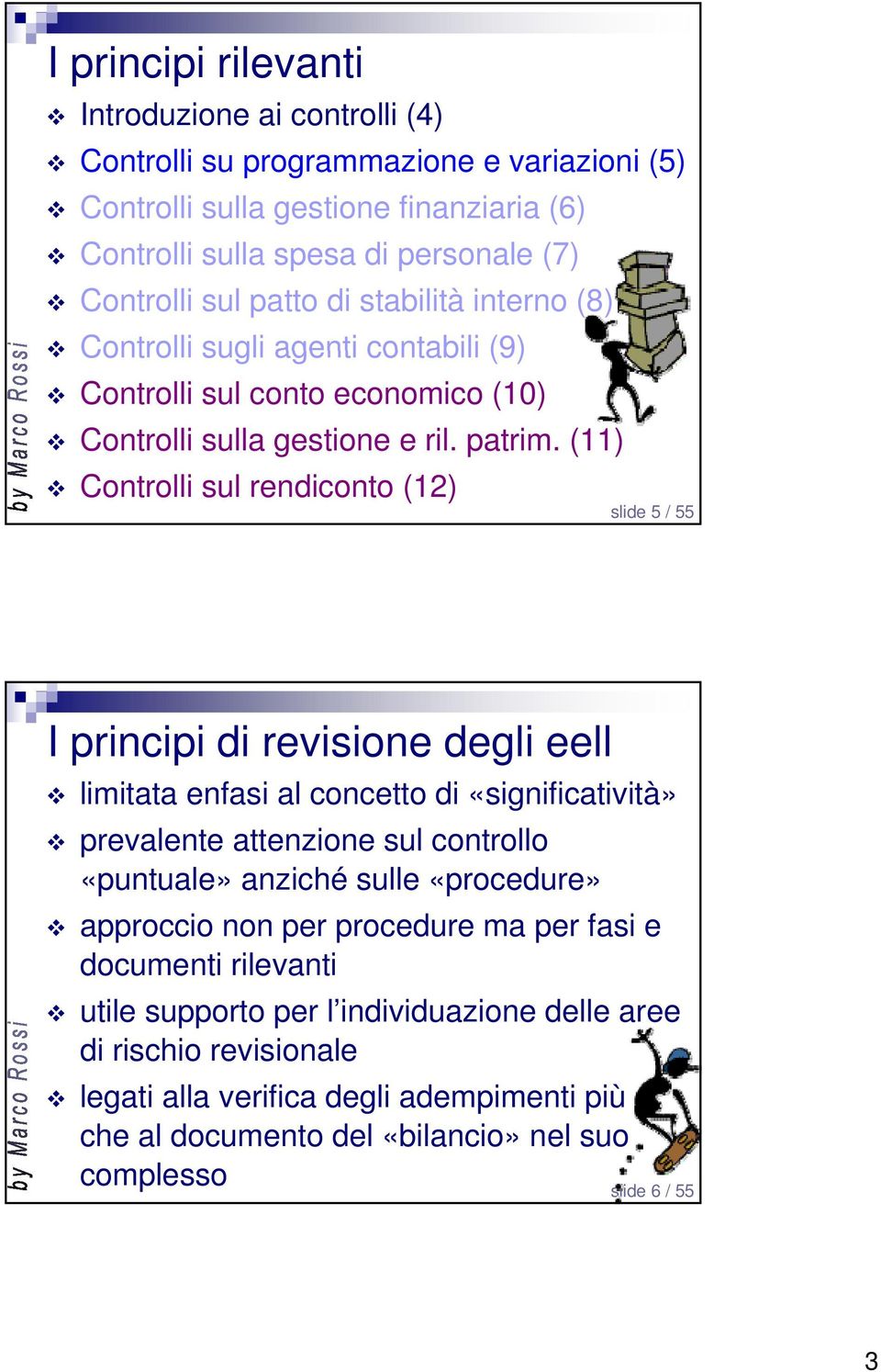 (11) Controlli sul rendiconto (12) slide 5 / 55 limitata enfasi al concetto di «significatività» prevalente attenzione sul controllo «puntuale» anziché sulle «procedure» approccio non