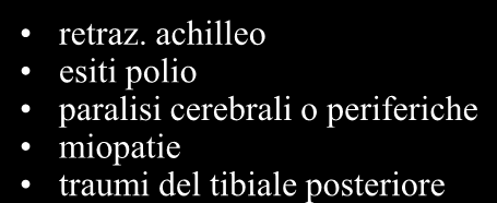 piede piatto sintomatico (20% dei casi) Classificazione alterazioni ossee congenite acquisite sinostosi astragalo verticale post-traumatico secondario a malattie ossee iatrogeno alterazioni muscolo