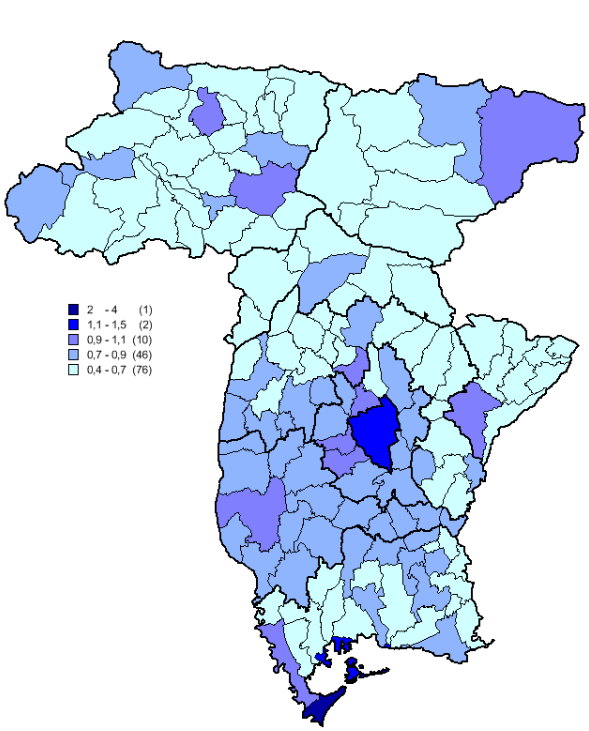 La mappa cromatica (Figura 12) mostra come la quotazione media le più elevata si è registrata nel Comune balneare turistico di Lignano Sabbiadoro (2.814 /m²), a seguire il Capoluogo di (1.