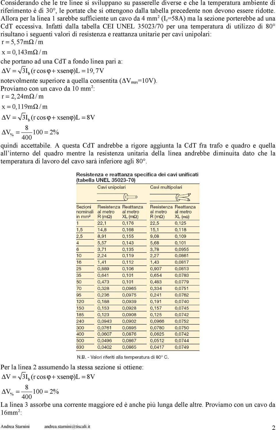 nfatti dalla taella CE UNEL 35023/70 per una temperatura di utilizzo di 80 risultano i seguenti valori di resistenza e reattanza unitarie per cavi unipolari: r = 5,57m Ω / m x = 0,143m Ω / m che