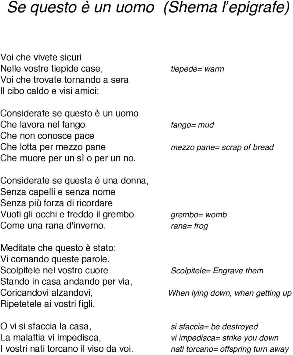 Considerate se questa è una donna, Senza capelli e senza nome Senza più forza di ricordare Vuoti gli occhi e freddo il grembo grembo= womb Come una rana d'inverno.