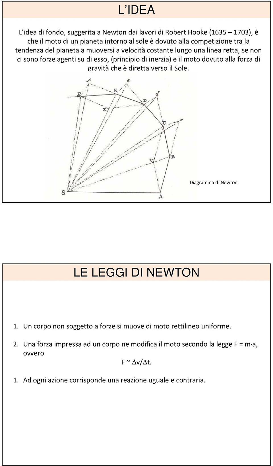 alla forza di gravitàche èdiretta verso il Sole. Diagramma di Newton LE LEGGI DI NEWTON 1. Un corpo non soggetto a forze si muove di moto rettilineo uniforme.
