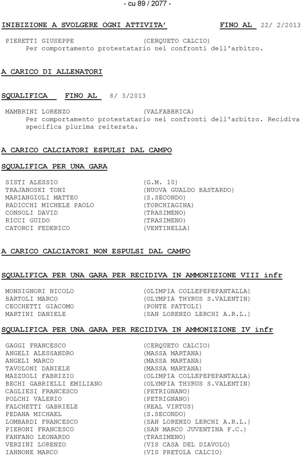 A CARICO CALCIATORI ESPULSI DAL CAMPO SQUALIFICA PER UNA GARA SISTI ALESSIO (G.M. 10) TRAJANOSKI TONI (NUOVA GUALDO BASTARDO) MARIANGIOLI MATTEO (S.