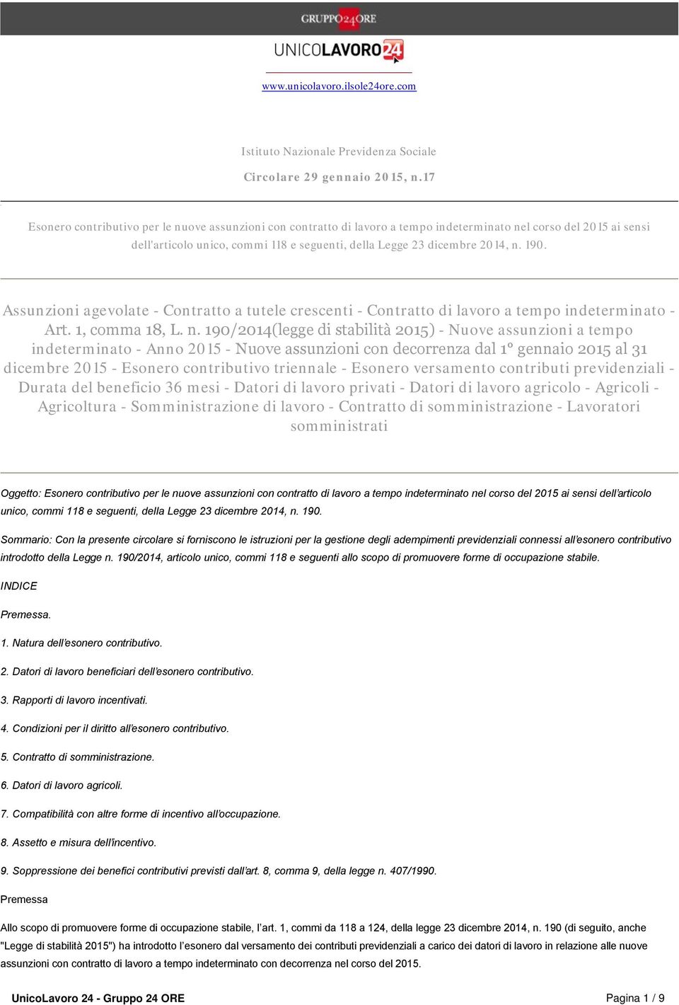 190. Assunzioni agevolate - Contratto a tutele crescenti - Contratto di lavoro a tempo indeterminato - Art. 1, comma 18, L. n.