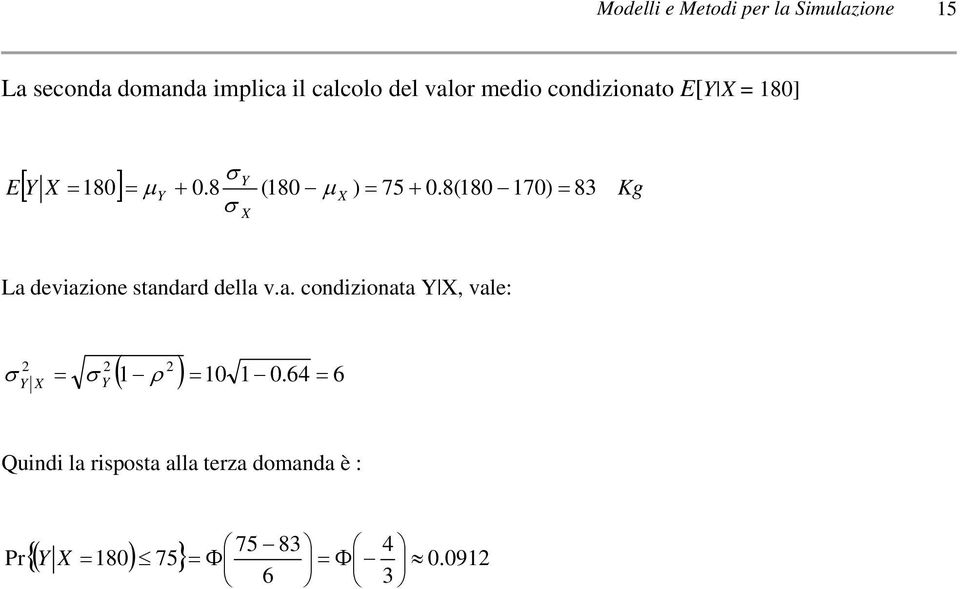 8(80 70) Kg Y X 83 σ X La devazone standard della v.a. condzonata Y X, vale: σ Y X Y σ ρ ( ) 0 0.