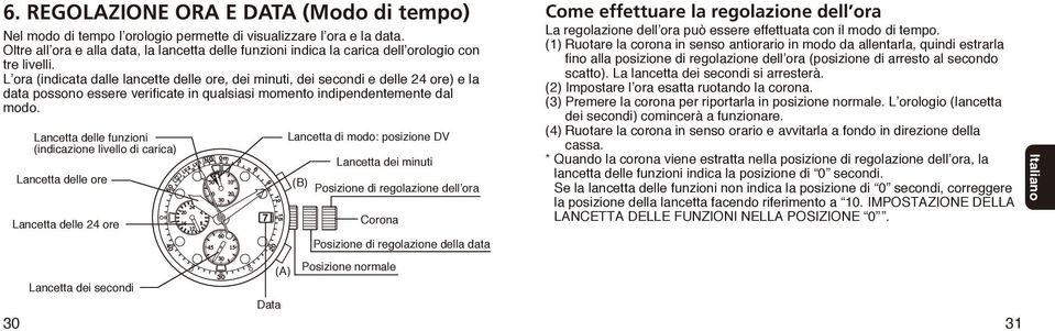 L ora (indicata dalle lancette delle ore, dei minuti, dei secondi e delle 24 ore) e la data possono essere verificate in qualsiasi momento indipendentemente dal modo.