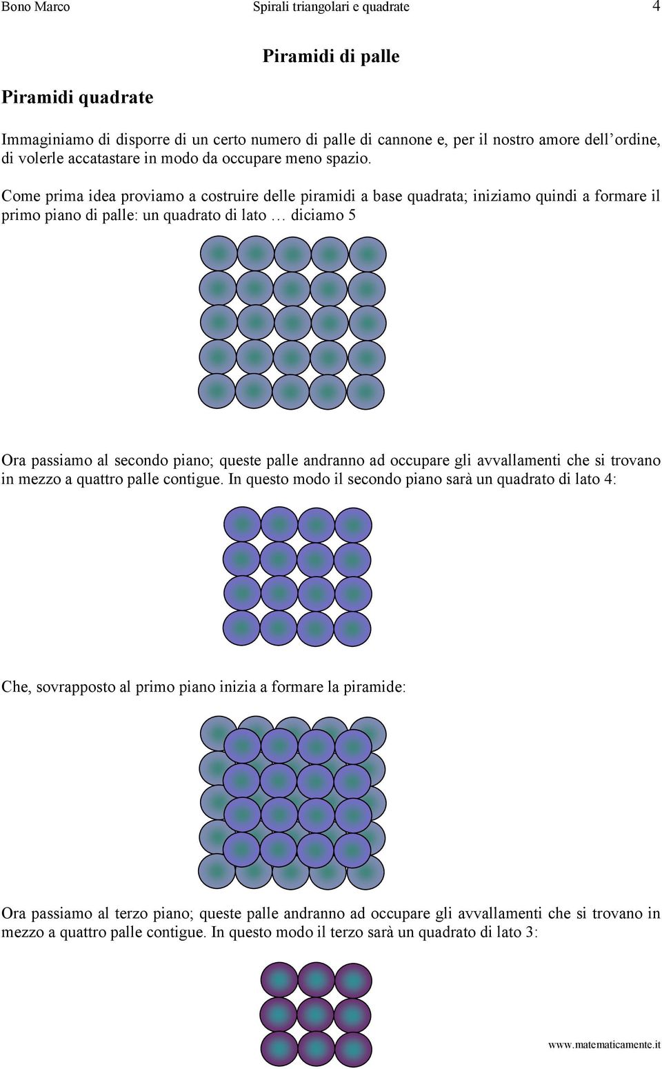 Come prima idea proviamo a costruire delle piramidi a base quadrata; iniziamo quindi a formare il primo piano di palle: un quadrato di lato diciamo 5 Ora passiamo al secondo piano; queste palle