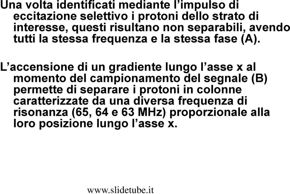 L accensione di un gradiente lungo l asse x al momento del campionamento del segnale (B) permette di separare