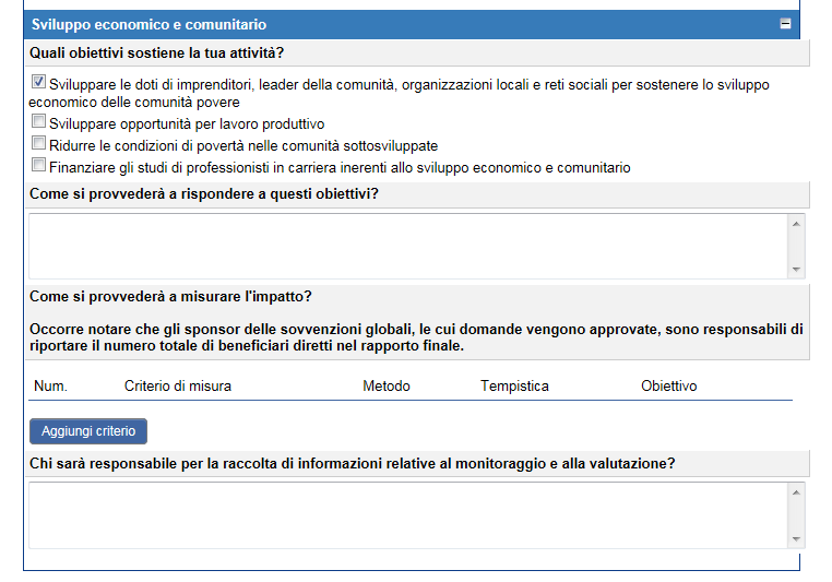 Seleziona l Area d intervento della sovvenzione.