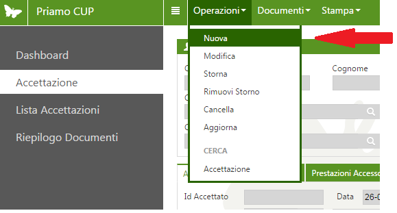 5.4 Accettazione Selezionando la voce accettazione viene avviata la schermata di gestione delle accettazioni cassa (Fig. 4). Fig.