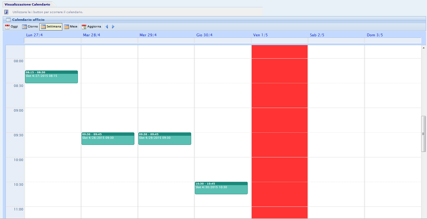 Tramite l azione Visualizza calendario sarà possibile per ogni giorno di ricevimento verificare
