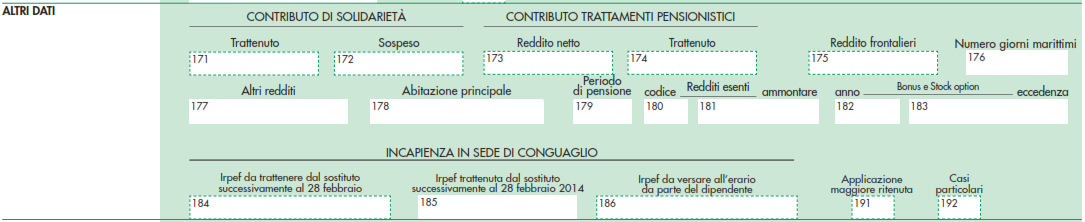 ALTRI DATI PUNTO 171 - CONTRIBUTO DI SOLIDARIETÀ TRATTENUTO Nel punto 171 va indicato l importo trattenuto dal sostituto d imposta a titolo di contributo di solidarietà introdotto dall art.