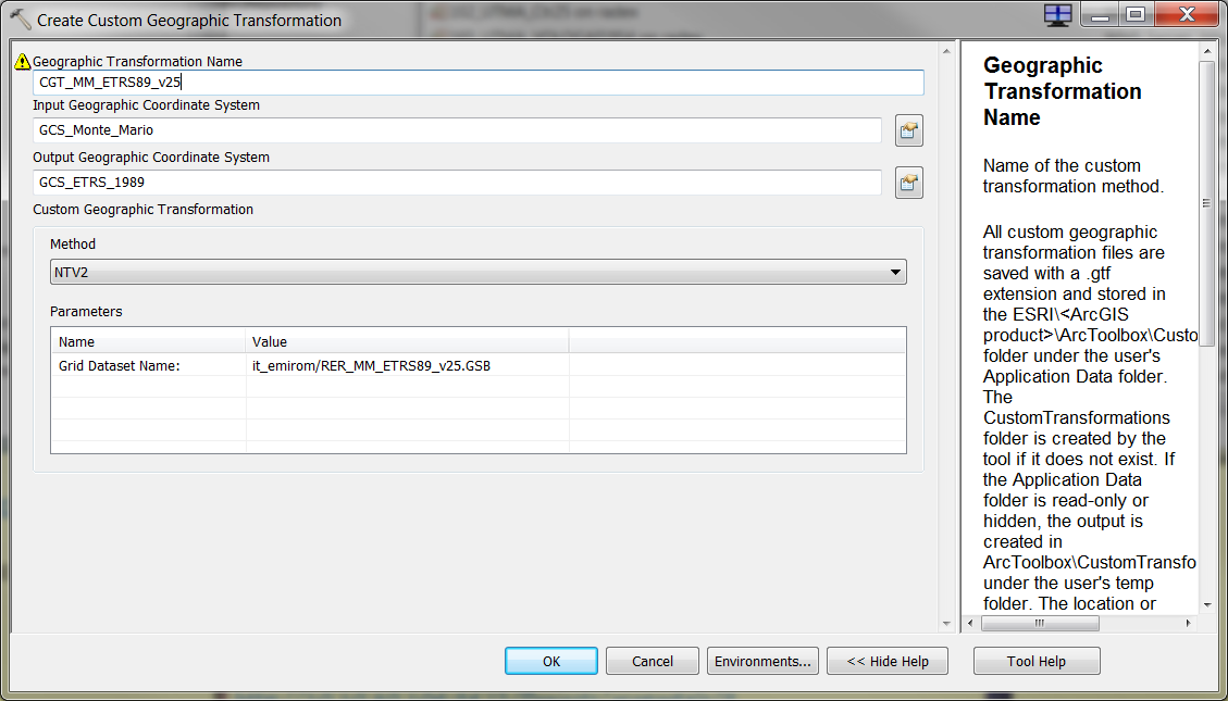 6. INSTALLAZIONE file NTv2 (grigliati IGM) in ArcGis 9.x/10 Installazione e Configurazione: Dato il file grigliato ntv2 che chiameremo a titolo di esempio: RER_MM_ETRS89_v25.