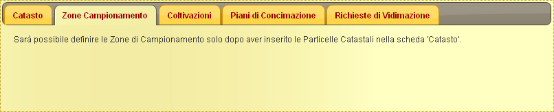 La maschera per l inserimento di una nuova zona di campionamento si compone di una sezione Dati principali e delle schede Particelle e Analisi chimico-fisiche.