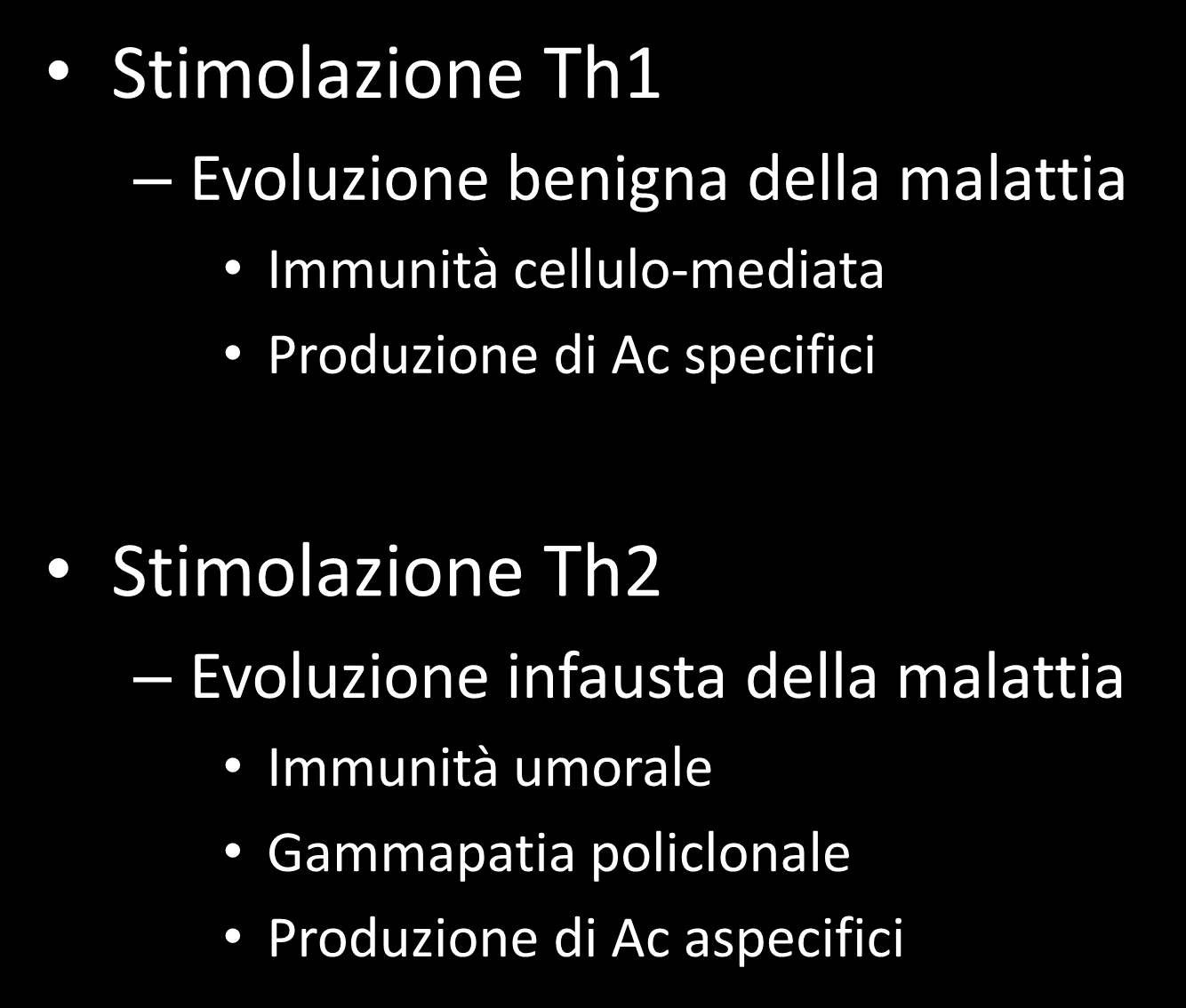 Stimolazione Th1 Evoluzione benigna della malattia Immunità cellulo-mediata Produzione di Ac specifici