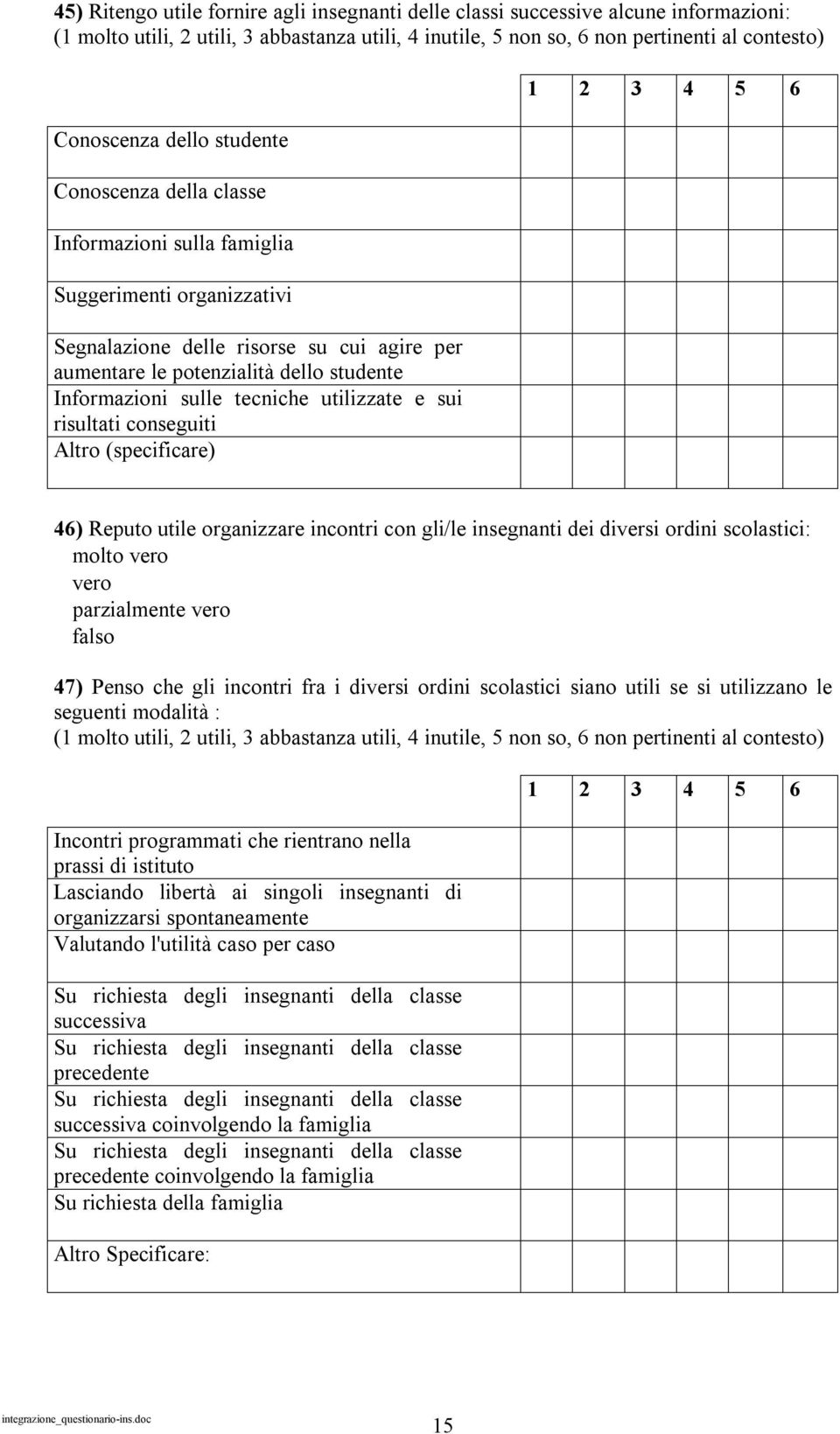 tecniche utilizzate e sui risultati conseguiti 6 46) Reputo utile organizzare incontri con gli/le insegnanti dei diversi ordini scolastici: 47) Penso che gli incontri fra i diversi ordini scolastici