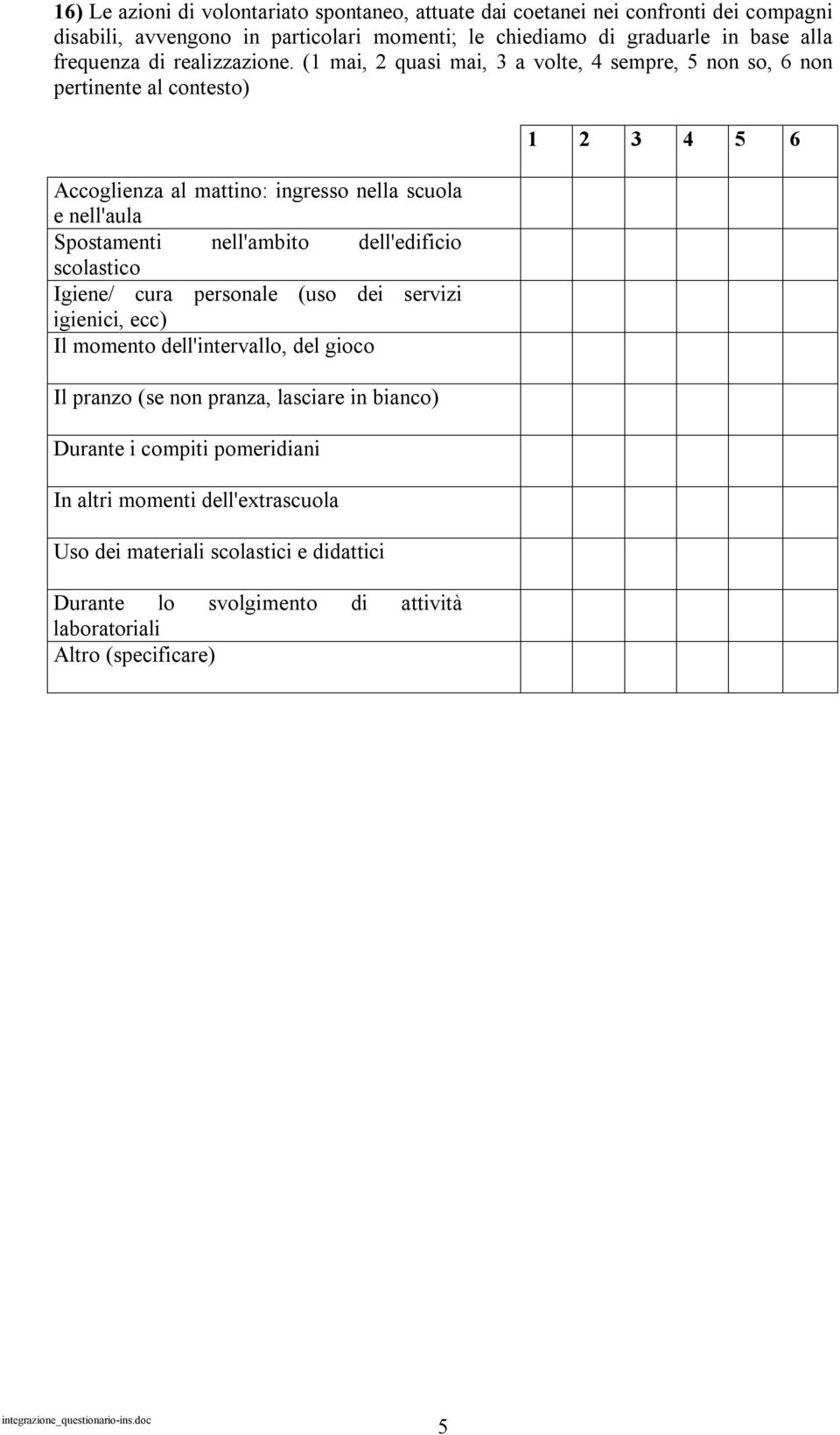 (1 mai, 2 quasi mai, 3 a volte, 4 sempre, 5 non so, 6 non pertinente al contesto) Accoglienza al mattino: ingresso nella scuola e nell'aula Spostamenti nell'ambito